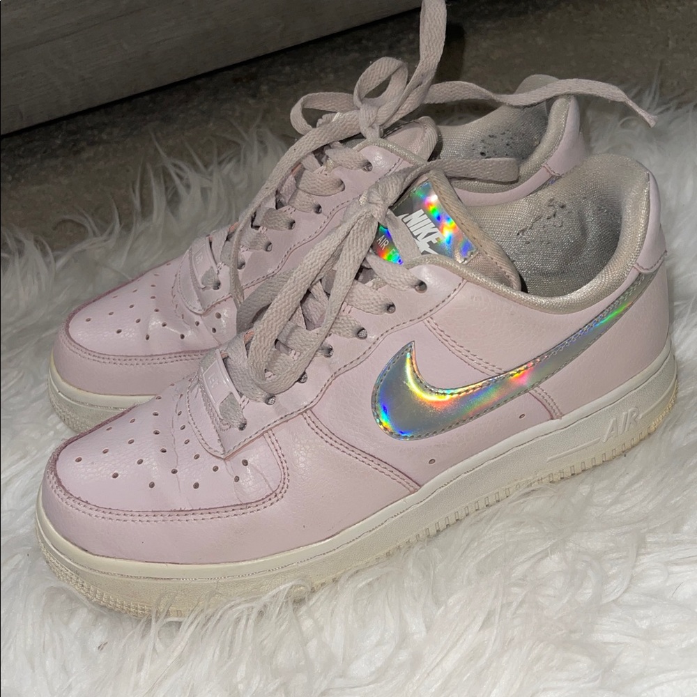 Nike Air Force Women's Light Pink Sneakers with Holographic Silver Swoosh